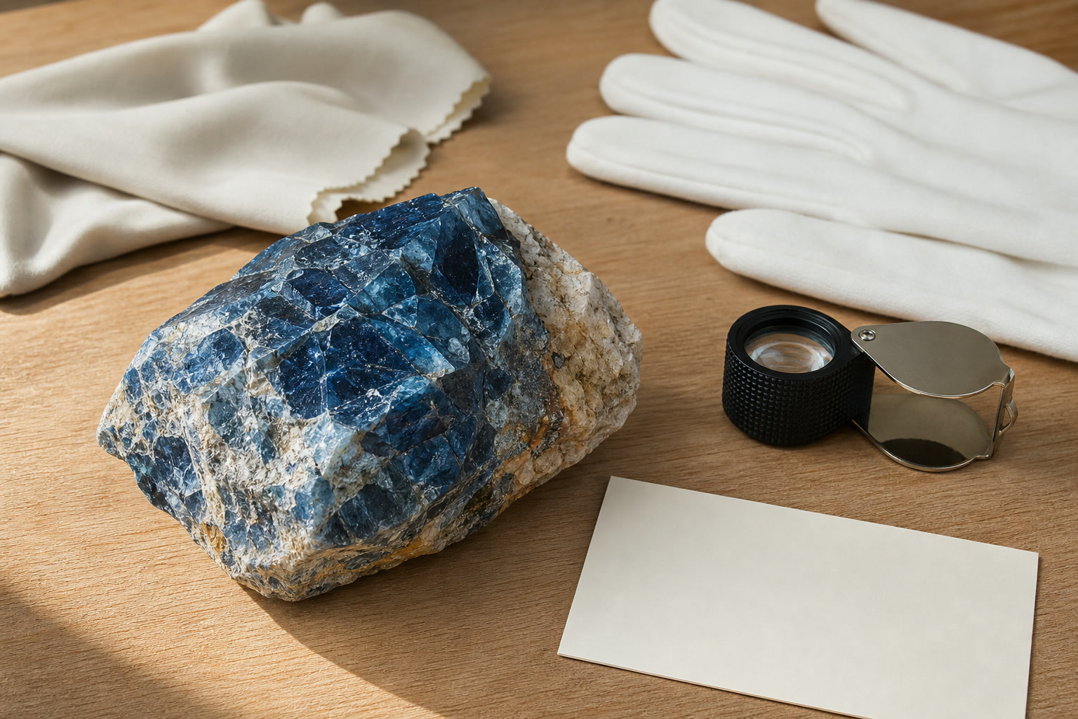 Mineral specimen, soft dry cloth, loupe, and care note in natural daylight