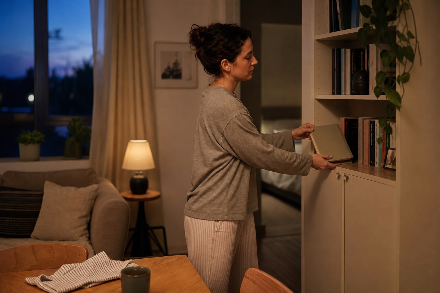 Person placing a closed notebook on a living room shelf before entering the bedroom