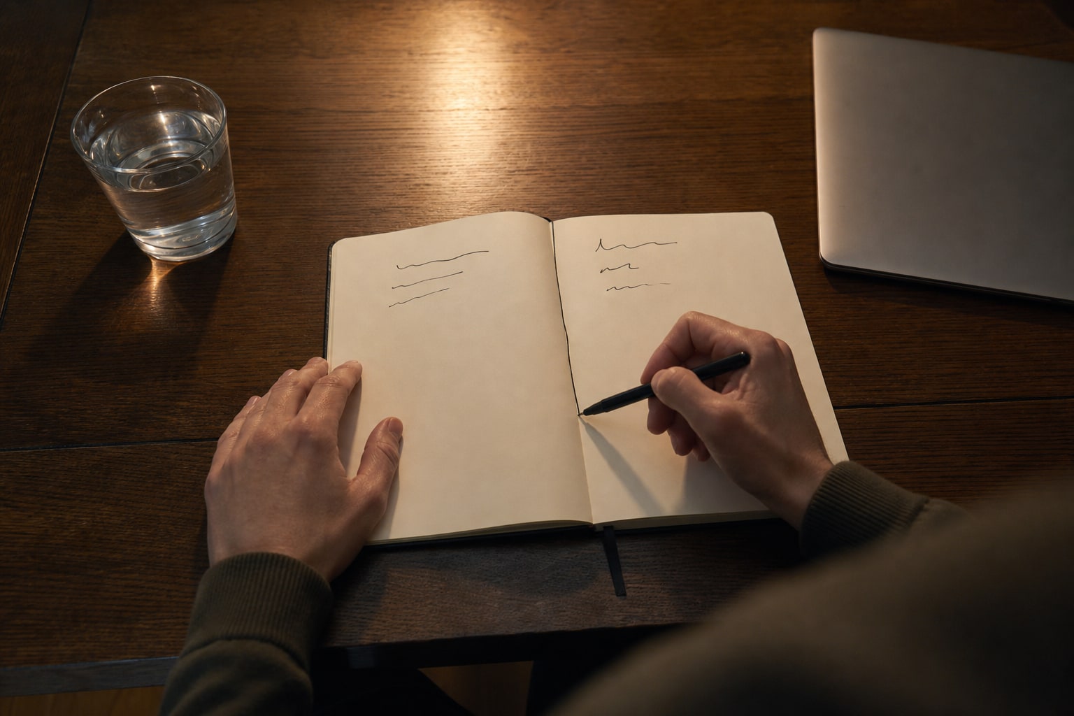 Hands dividing a notebook page into two columns under a warm early evening lamp