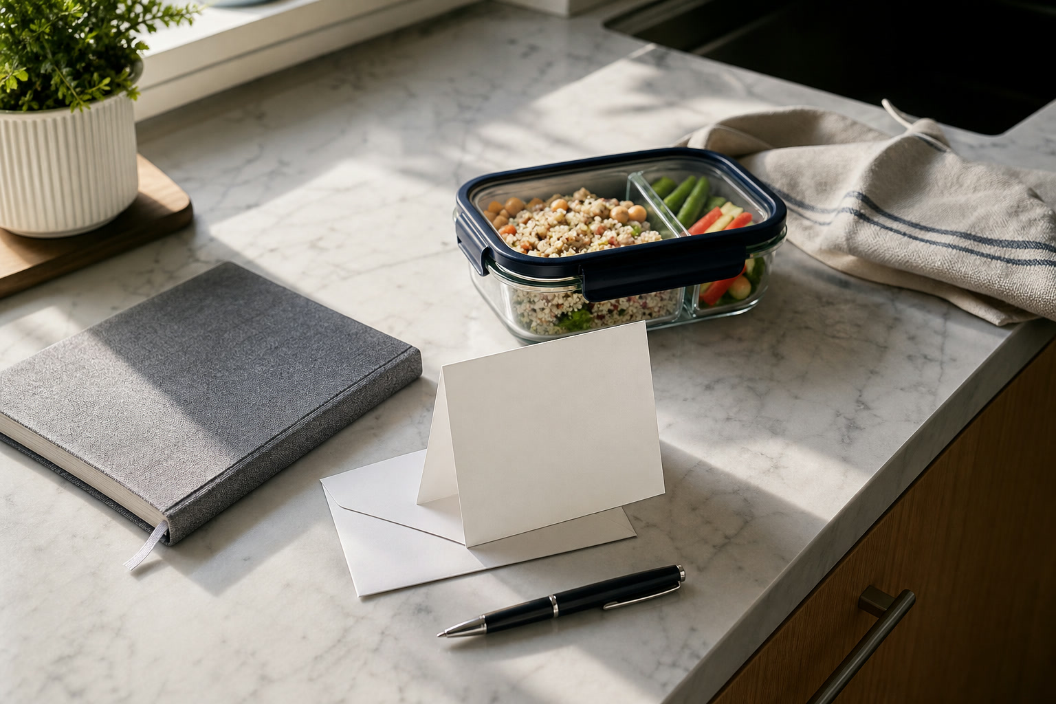 Handwritten thank-you note beside a packed meal container and weekly journal
