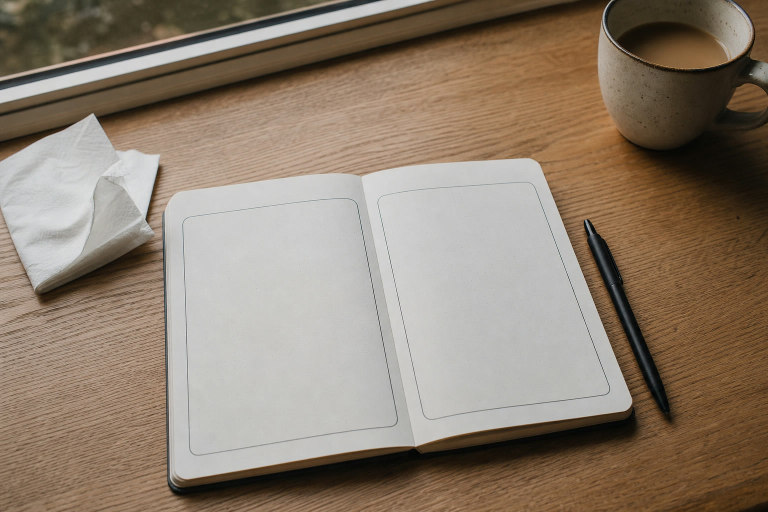 Open journal with one received-good field and one still-hard field beside an ordinary cup