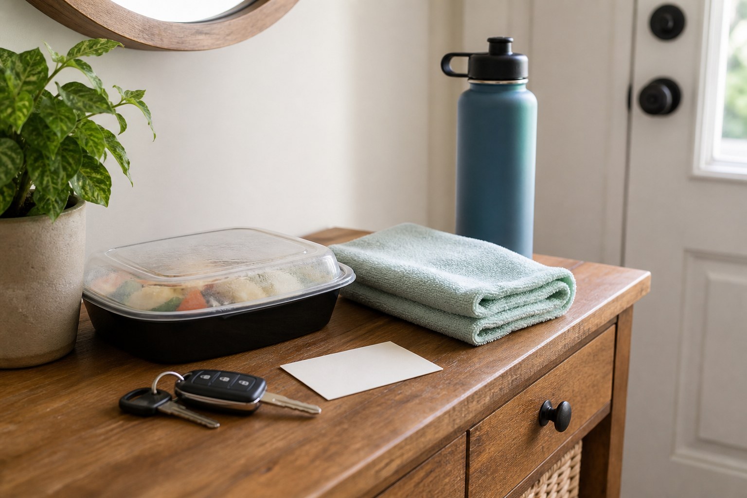 A prepared meal container, an appointment card and a set of car keys together on a kitchen counter