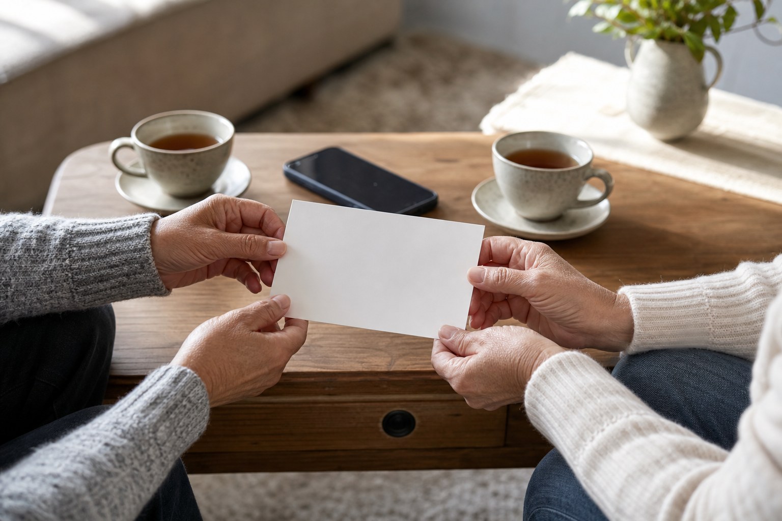 Two people reviewing a blank support card together beside a cup of tea