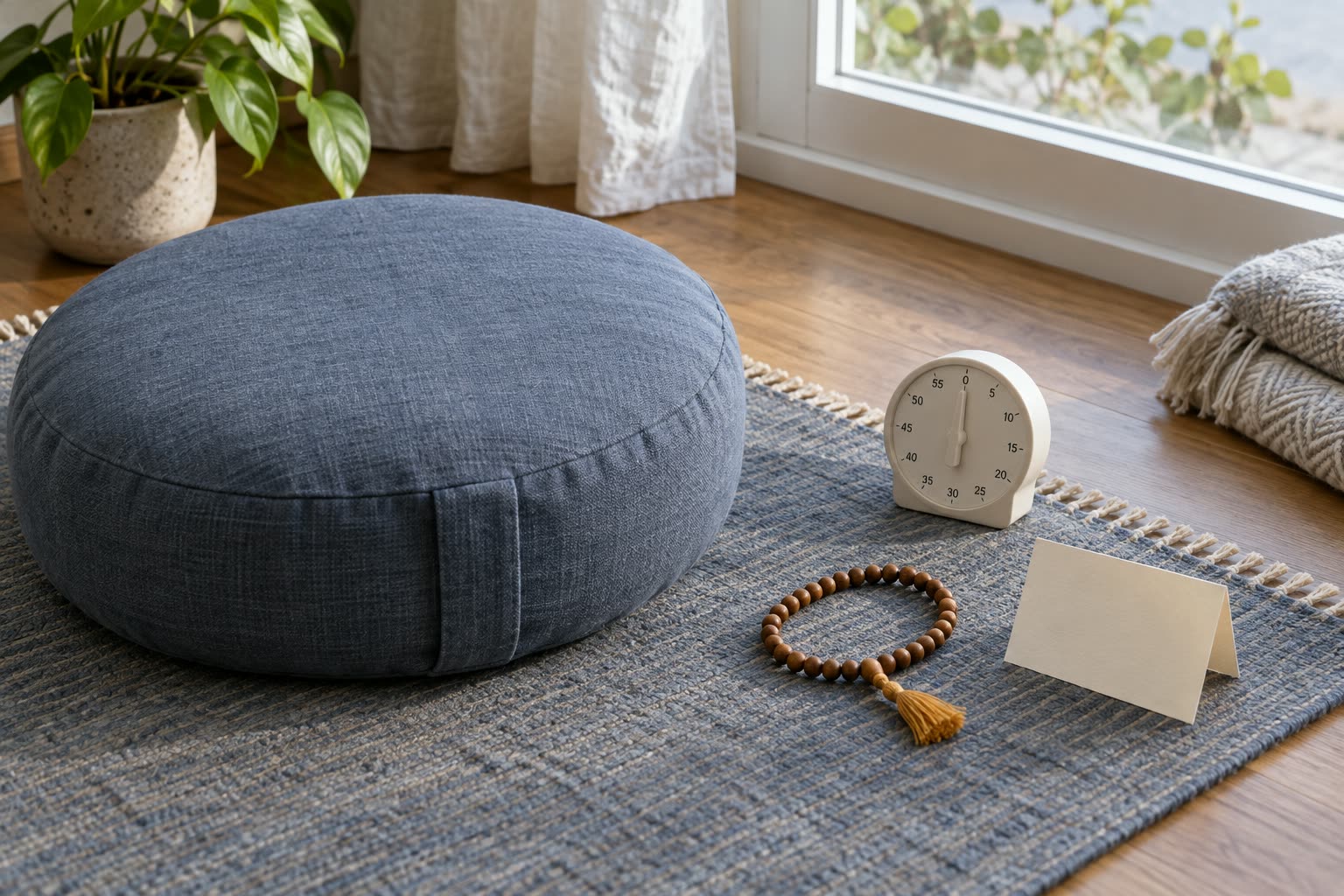 Blue floor cushion, kitchen timer, wooden mala, and blank folded card on a woven rug by a window