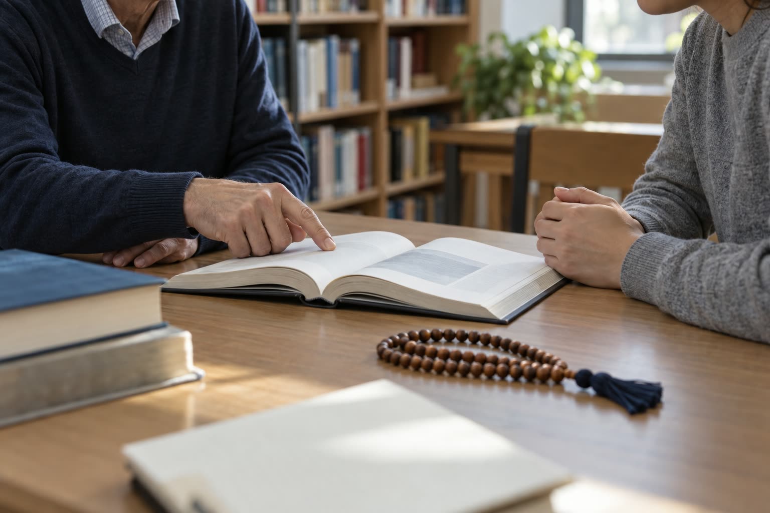 Two people at a wooden table with an open book, one pointing hand, and a wooden mala