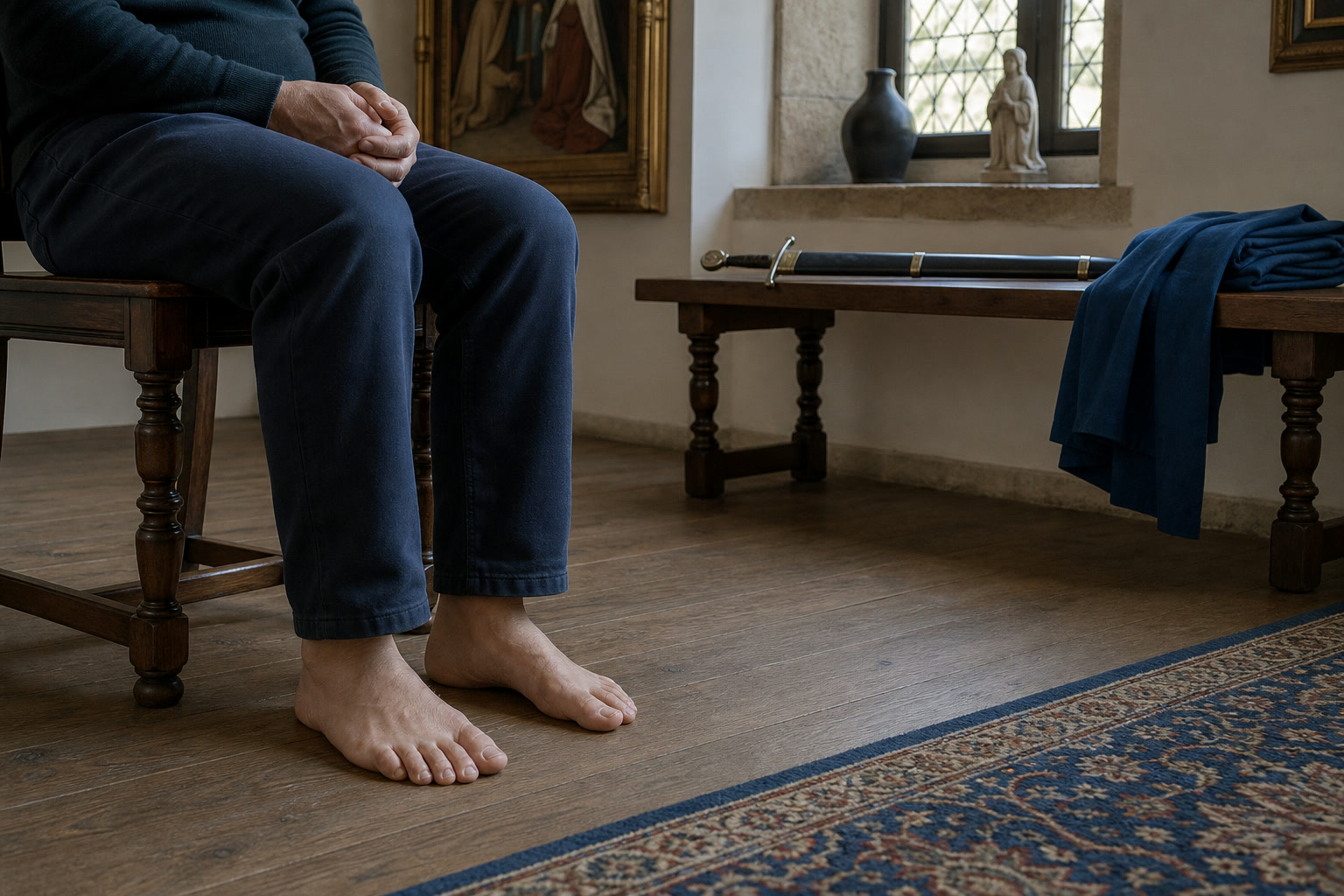 Seated adult with grounded feet beside a sheathed ceremonial sword and a plain blue cloth