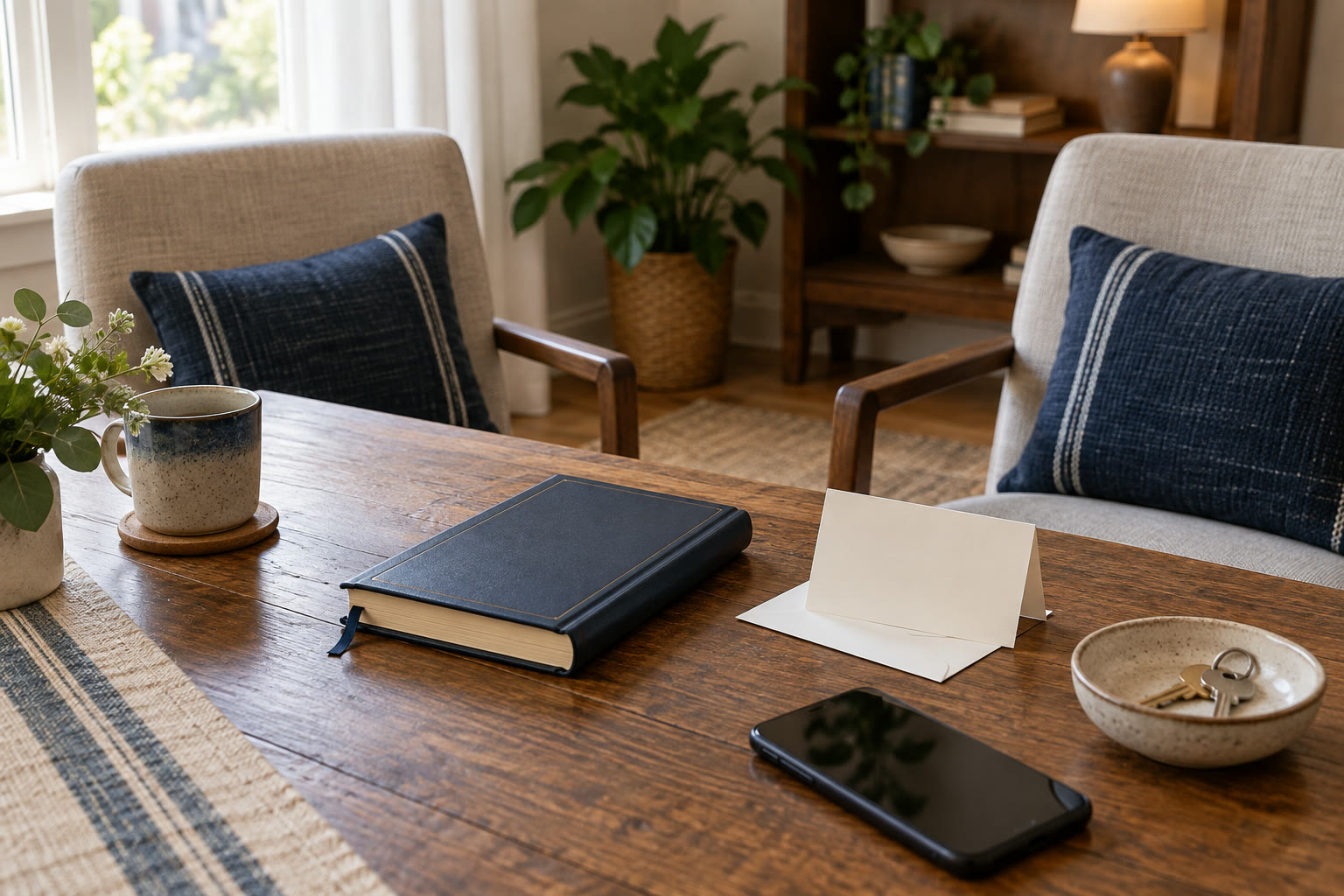 Two chairs beside a closed prayer book, blank card, phone, and spare keys prepared for a supportive conversation