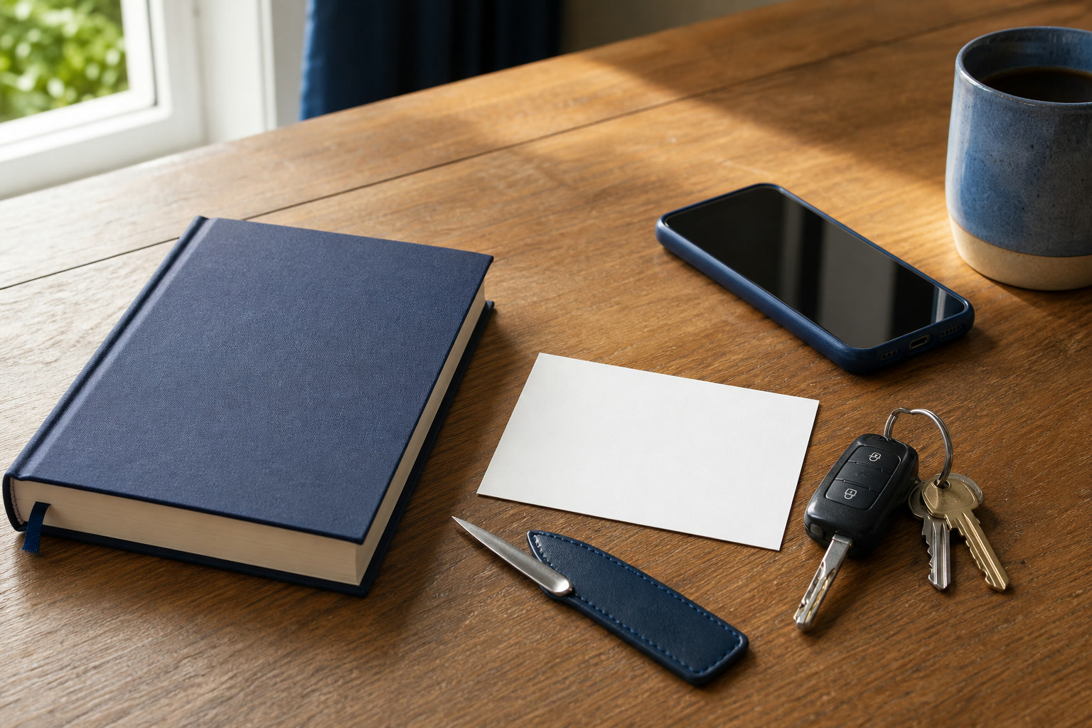 Closed prayer book beside a written phone-call plan, keys, and a sheathed letter opener