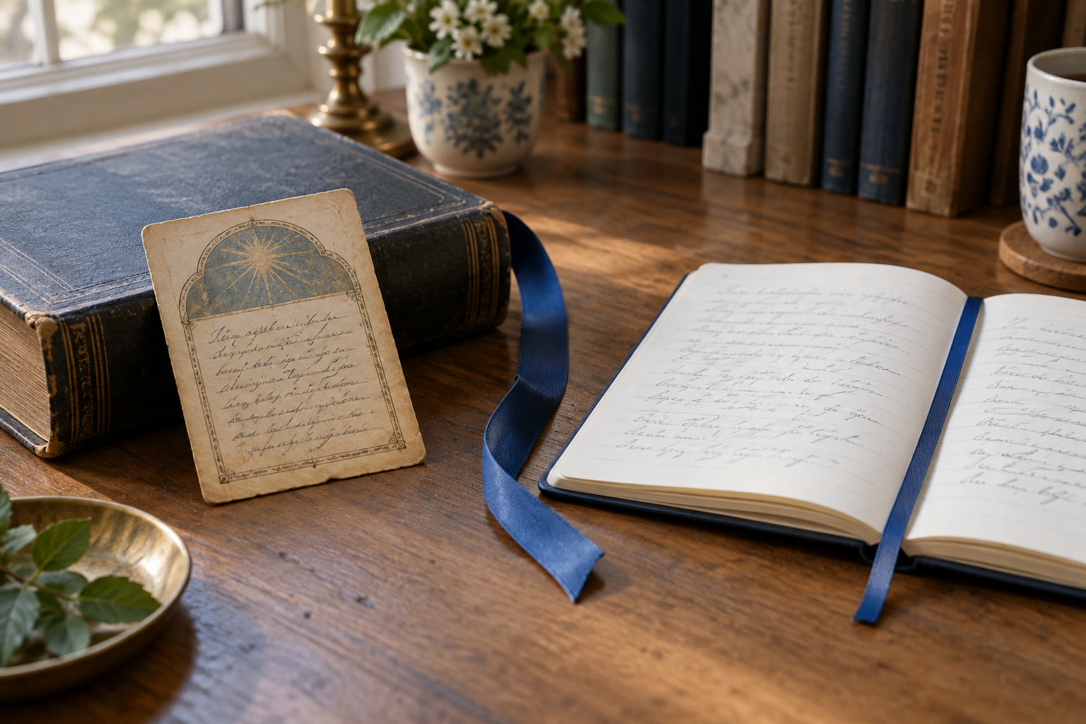 Aged devotional card and reference book beside a modern notebook with new handwritten prayer lines