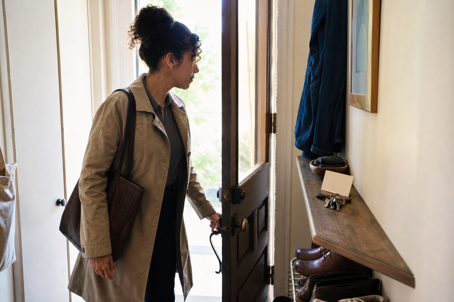 Person pausing at a front door beside keys, a work bag, and a small blank card