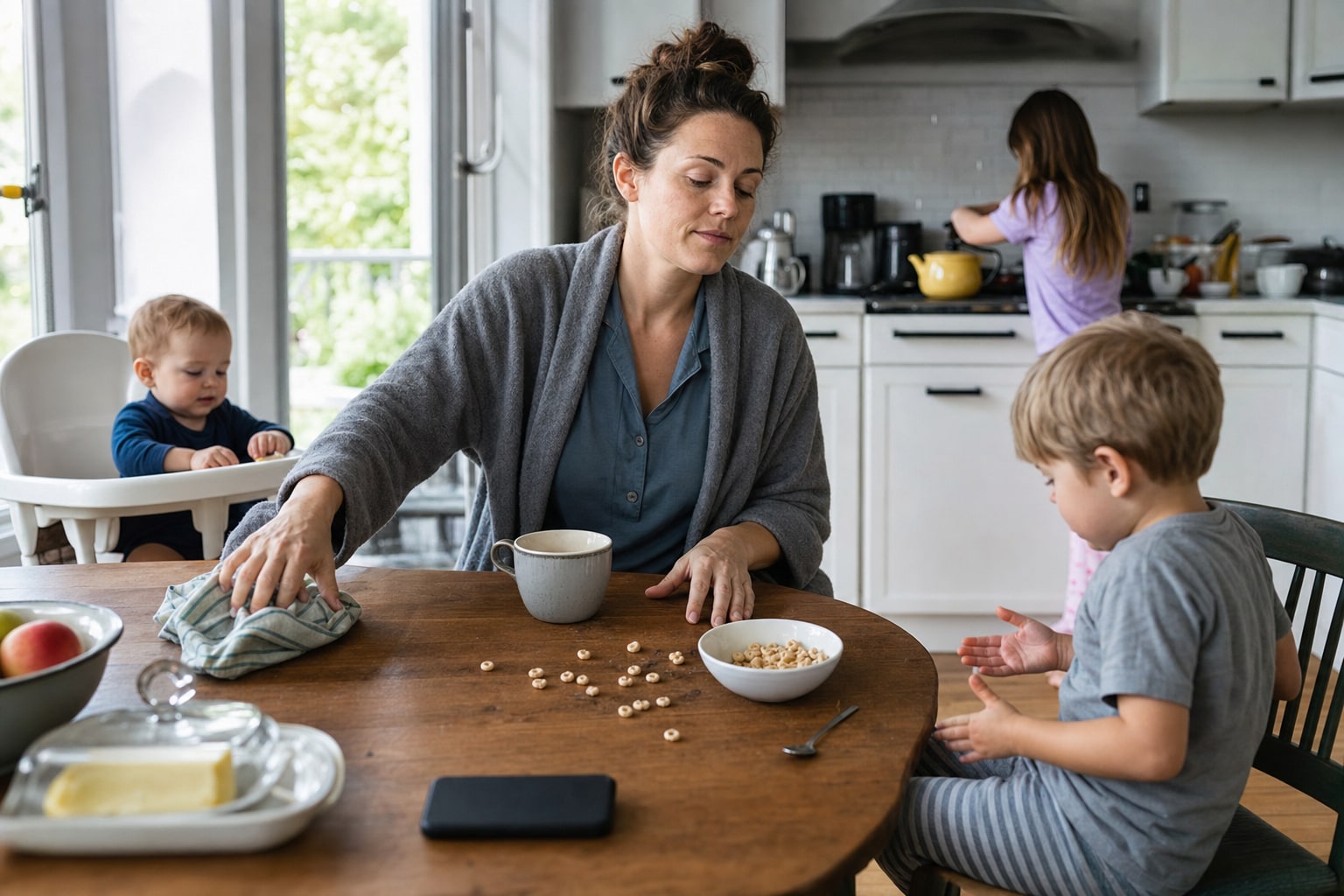 Adult pausing calmly during a busy family breakfast before responding