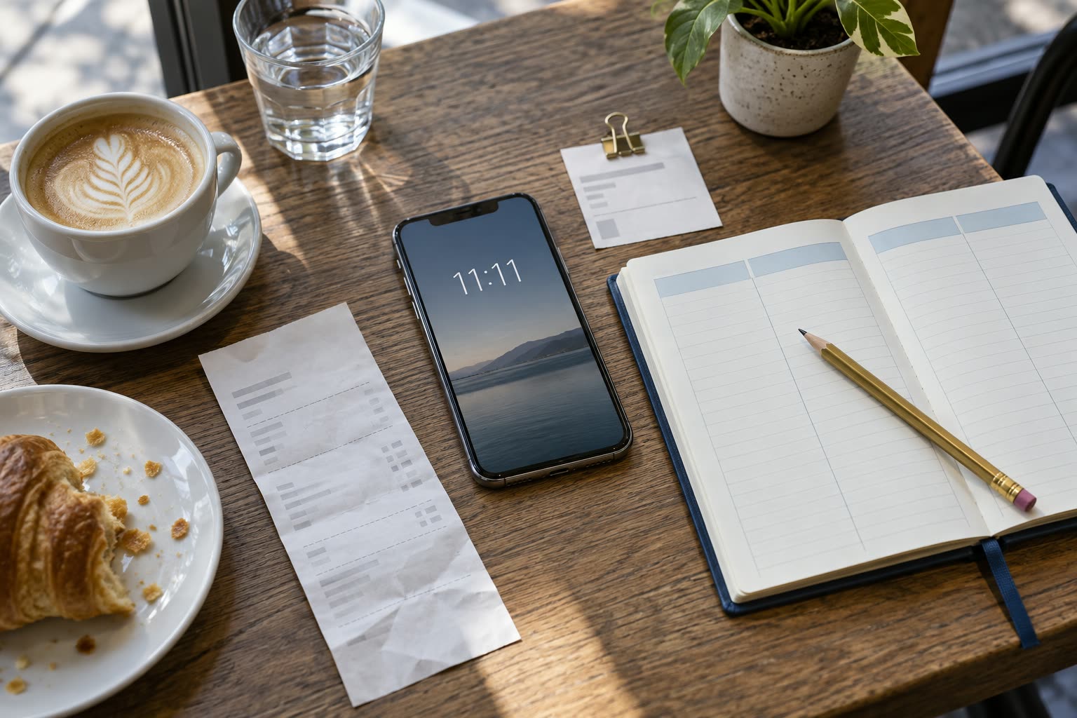 Phone showing 11:11 beside a receipt, coffee cup, water glass, and open lined journal on a cafe table