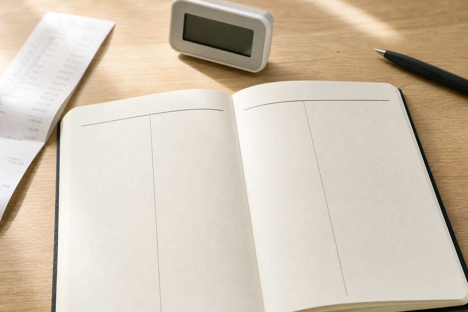Open notebook with separate observation and interpretation columns beside a receipt and digital clock