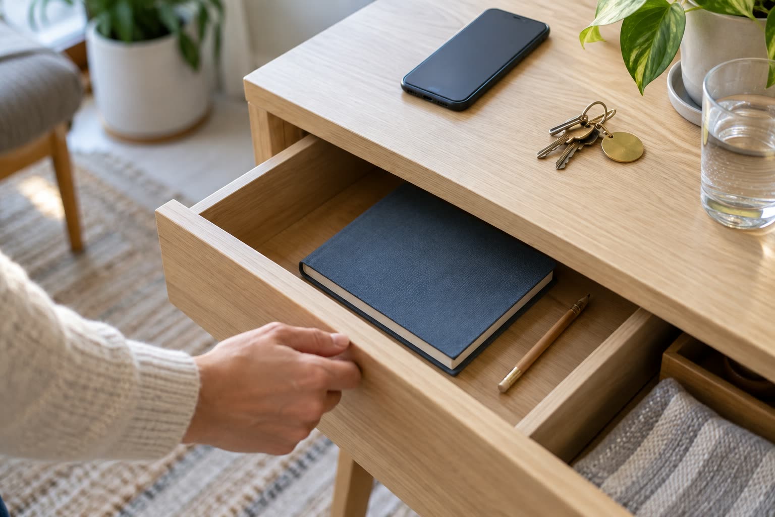 Hand closing a wooden desk drawer containing a dark notebook and wooden writing instrument, with phone, keys, and water glass on top