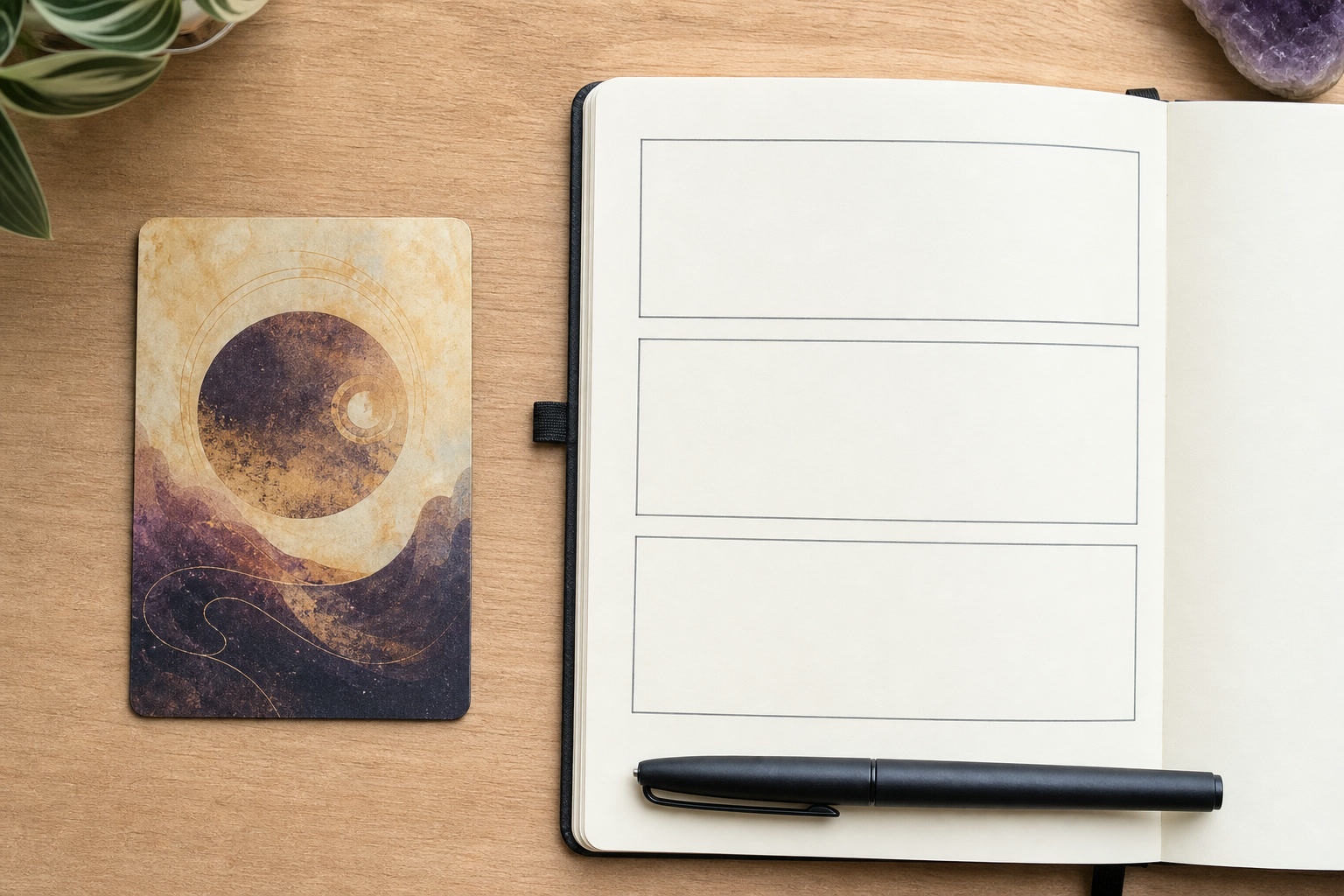 Single oracle card beside a journal with separate image, interpretation, and evidence fields
