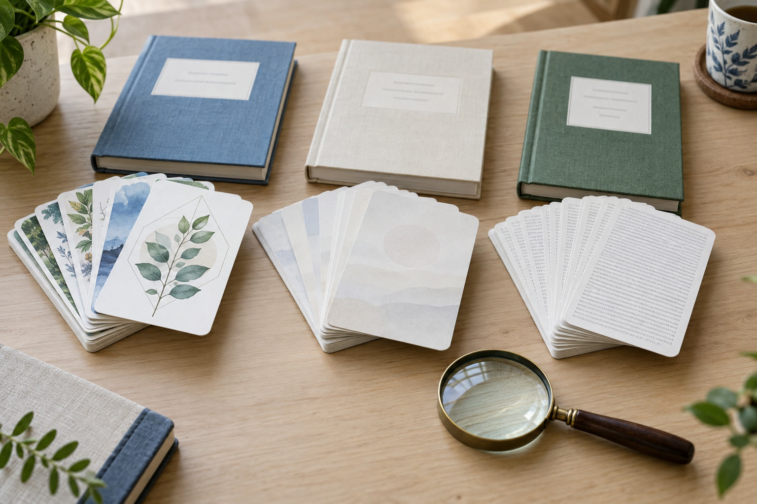 Three unbranded card groups compare distinct artwork, low contrast, and tiny print beside guidebooks and a magnifying glass