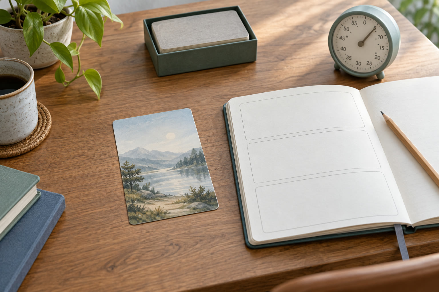 One face-up landscape card beside a three-field journal and timer while the remaining deck stays boxed