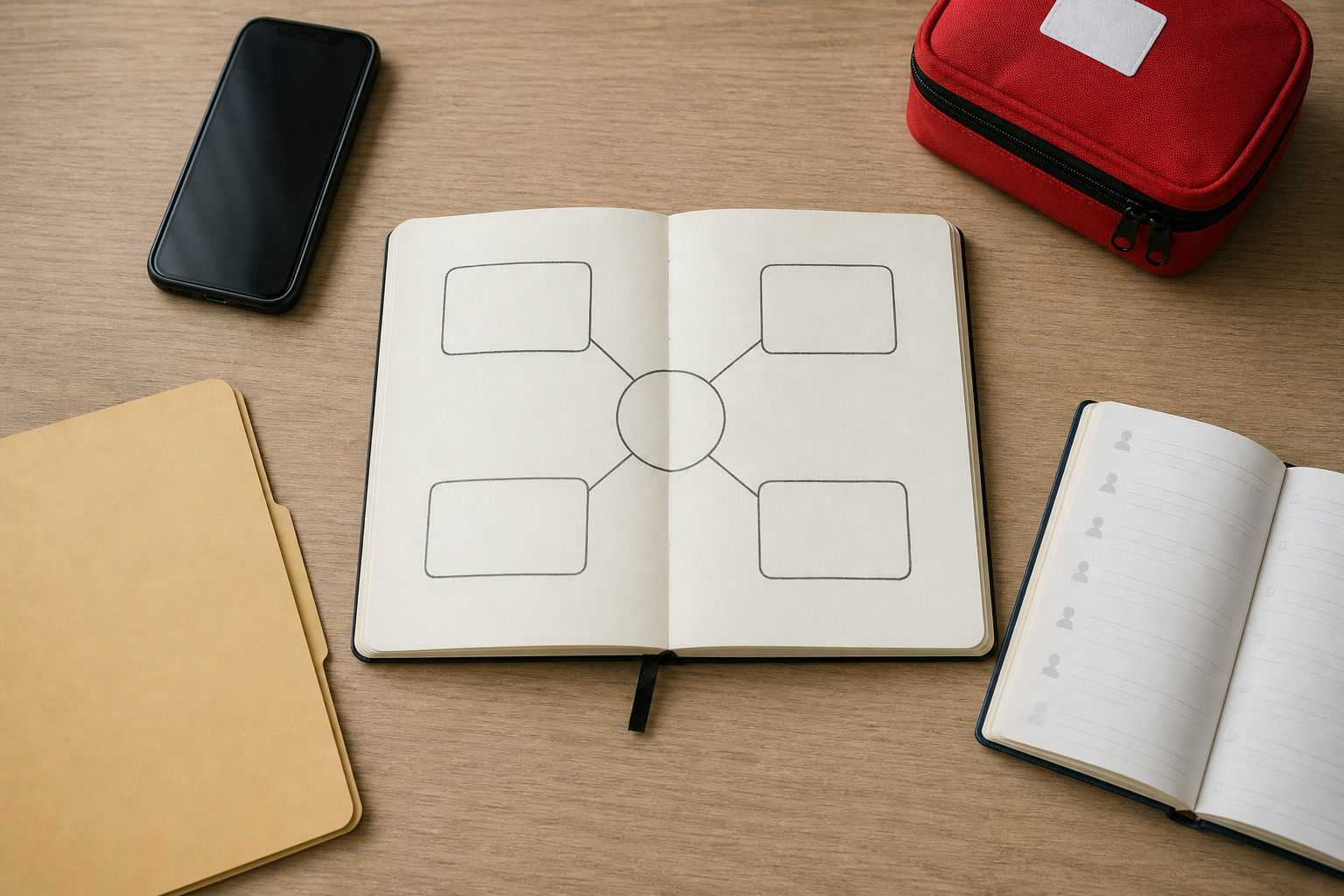 Notebook mapping a concern to emergency, medical, legal, and trusted-person support