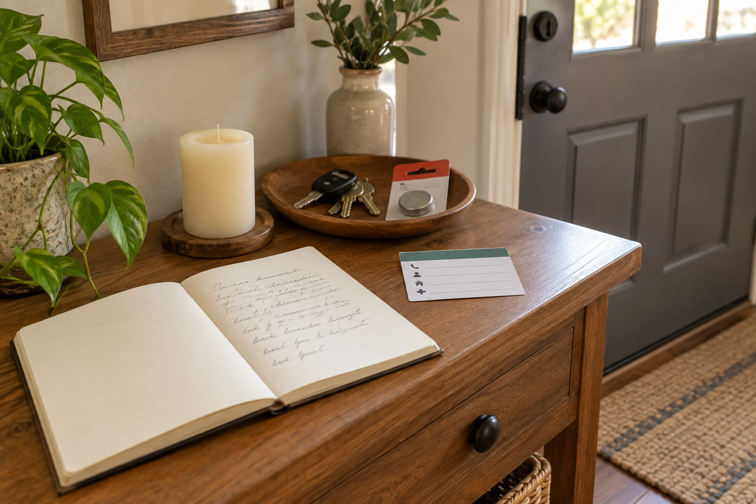 Open prayer notebook, keys, emergency contact card, and replacement battery beside a home's front door