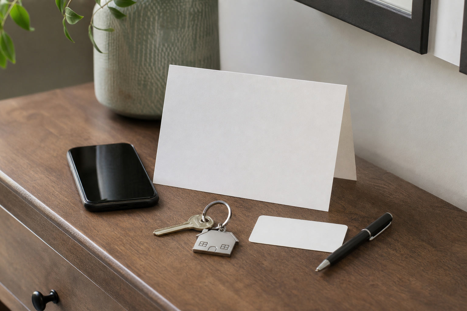 Short written prayer beside a phone, door key, and simple safety contact card