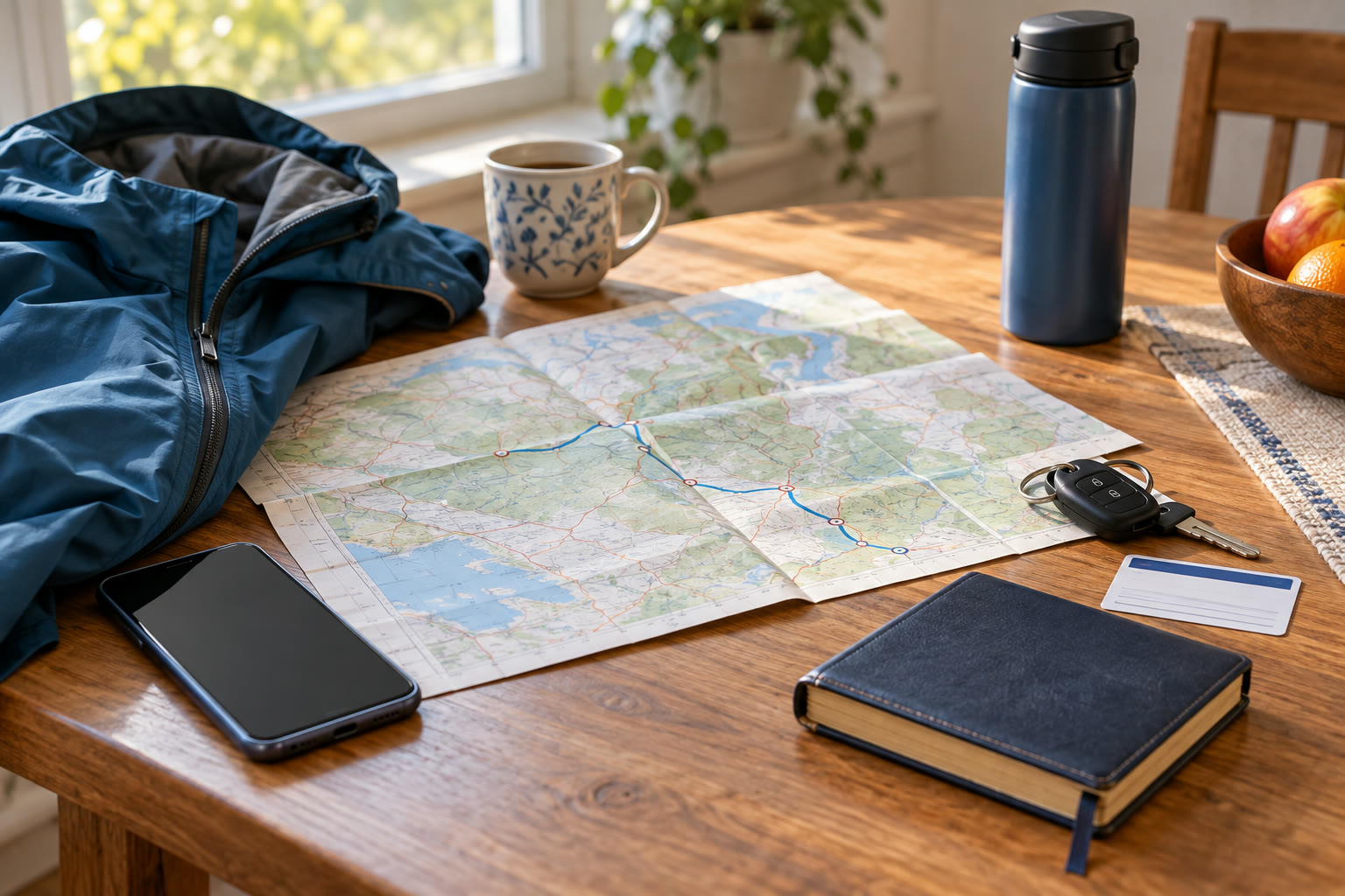 Map, weather-ready jacket, phone, keys, contact card, and closed prayer book arranged for a planned journey