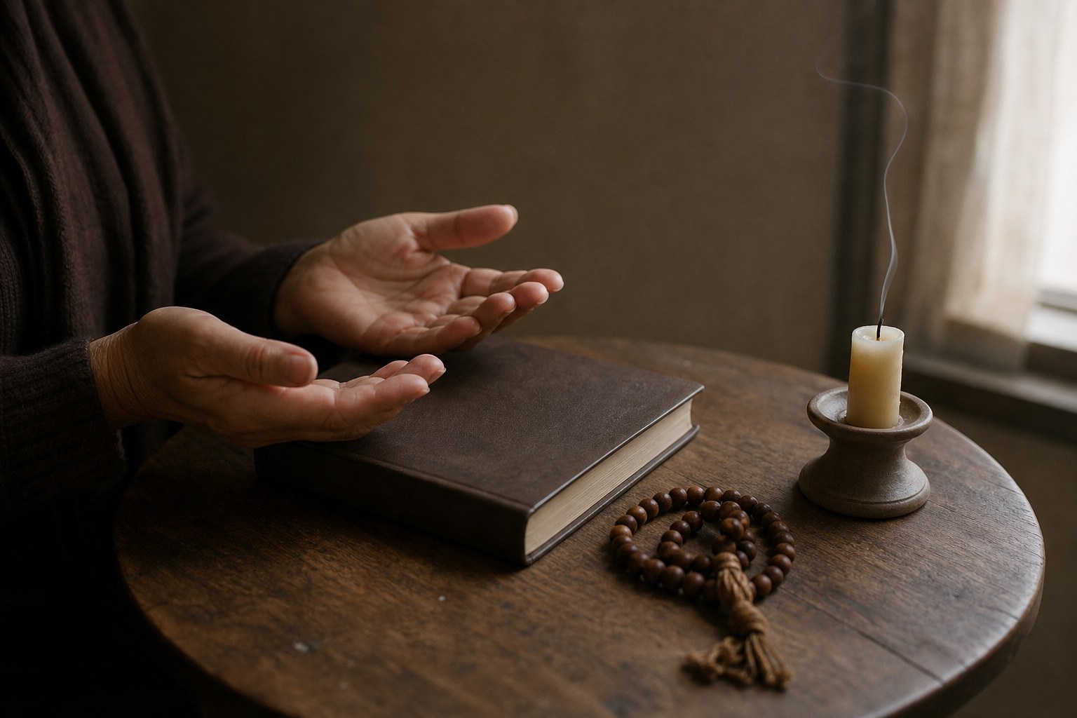 Hands resting beside a closed prayer book after a short candlelit prayer