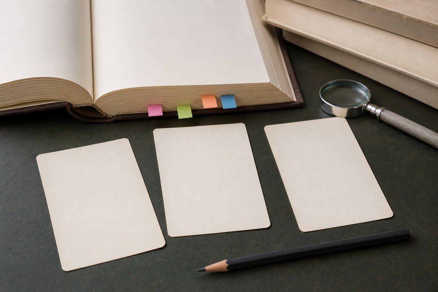 Three blank prayer cards beside an open reference book with source tabs and a pencil