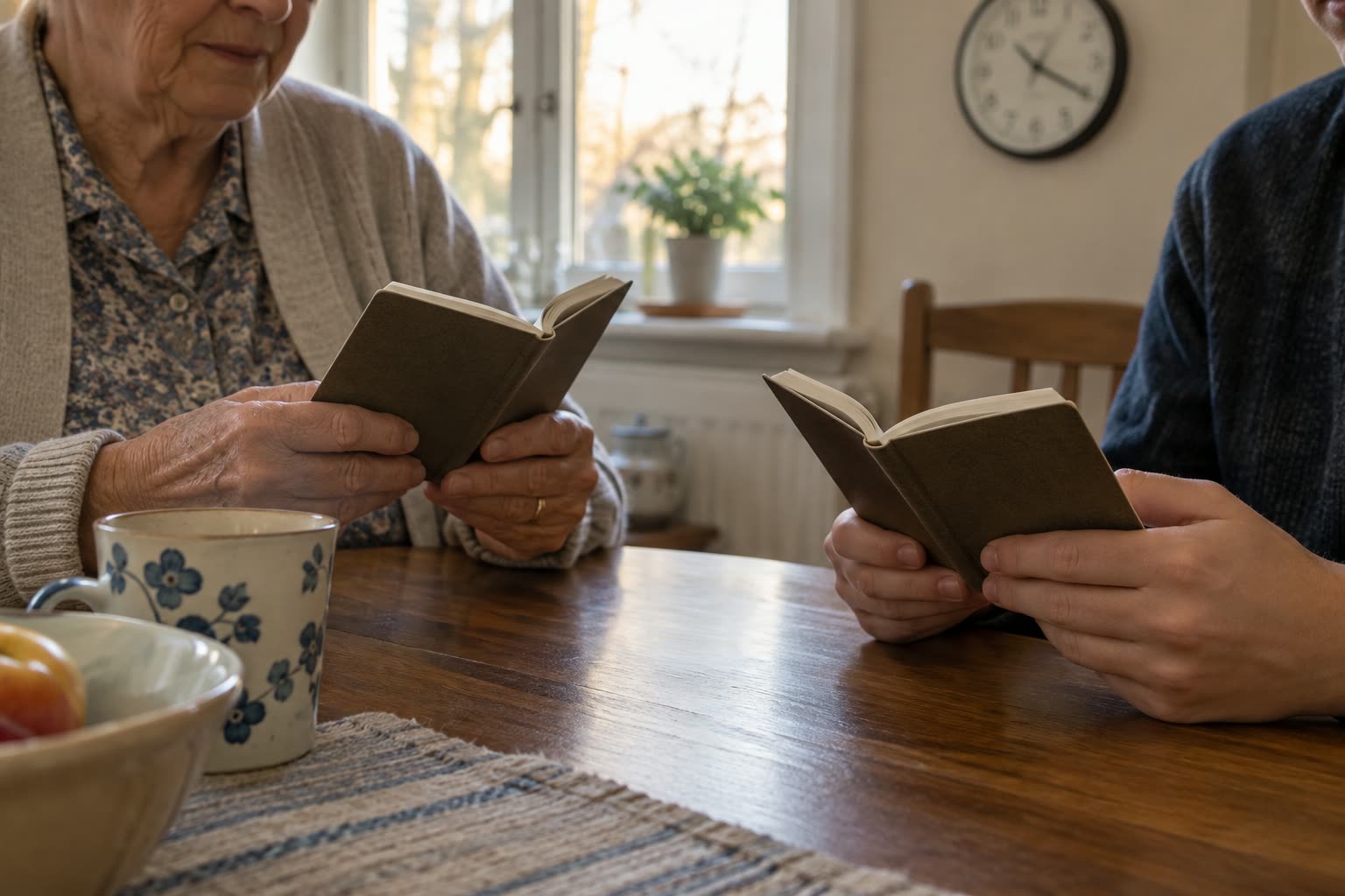 Two people holding small open books at a wooden table with a cup and fruit bowl