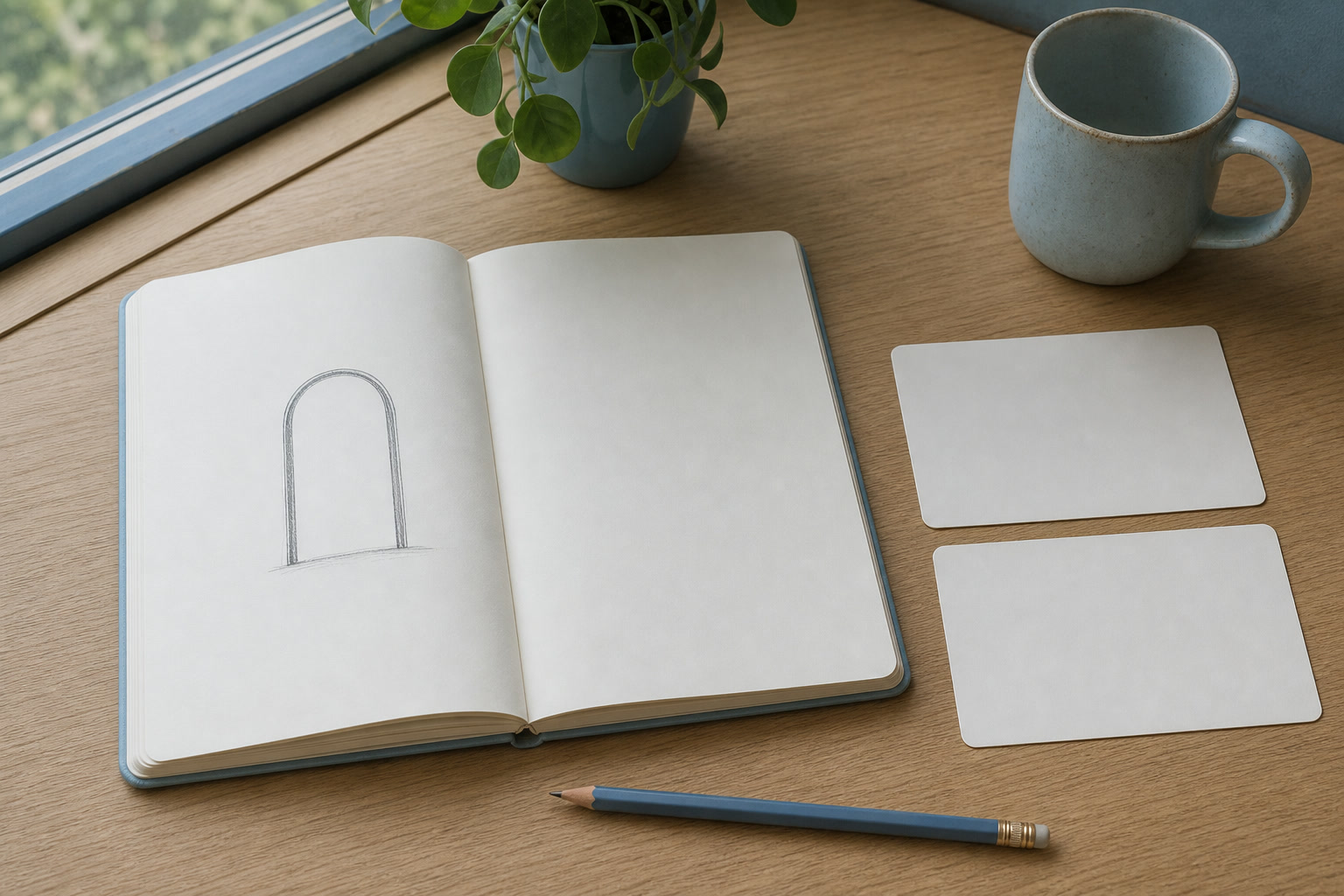 Open notebook with one simple doorway sketch beside separate observation and interpretation cards
