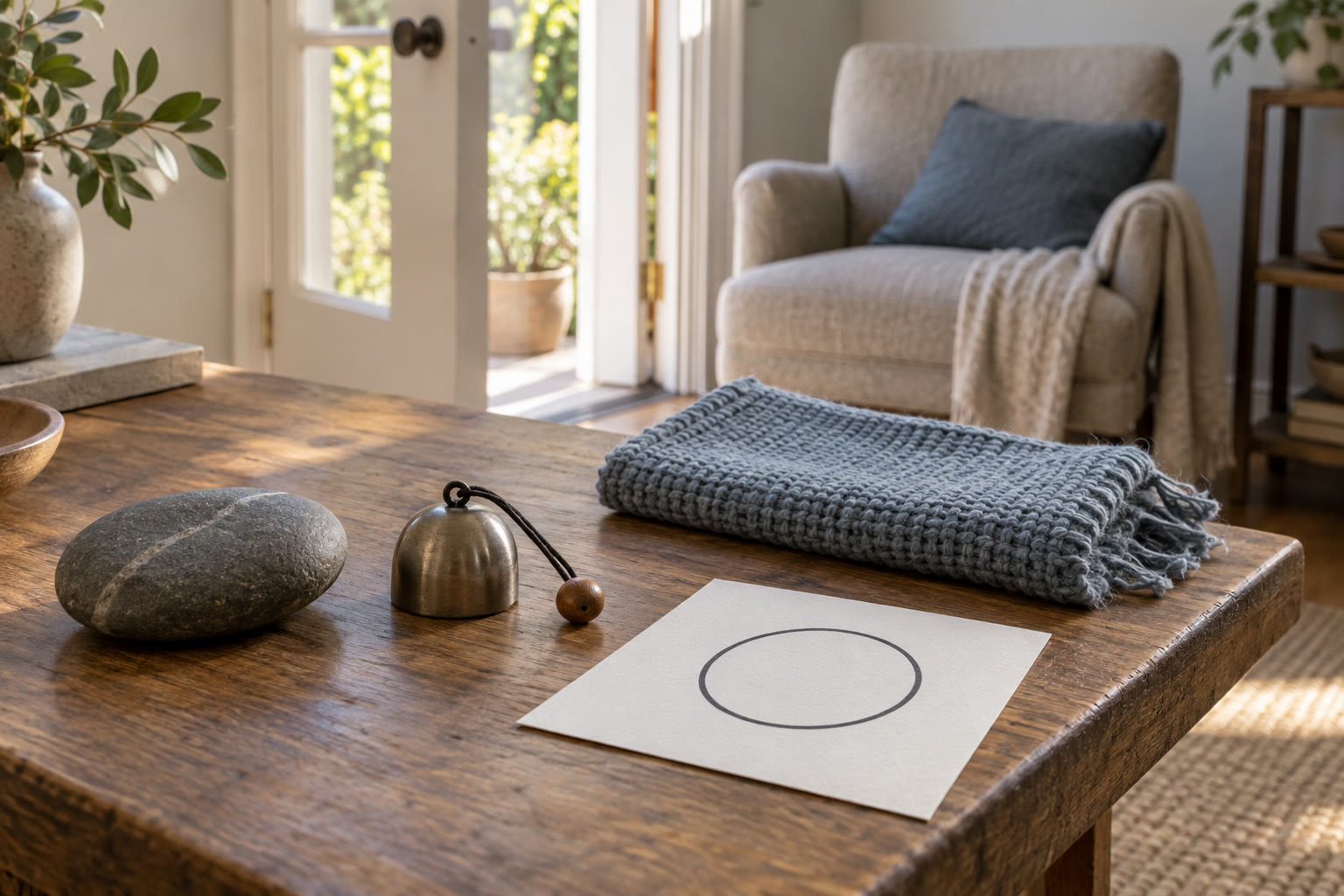 Smooth stone, small chime, textured cloth, circle card, chair, and doorway used as non-visual attention anchors