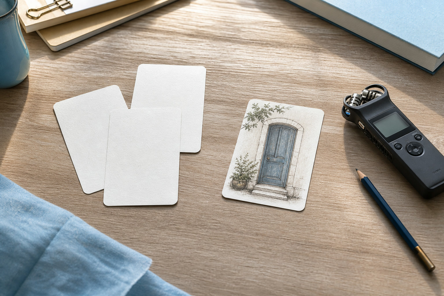 Plain recording desk with a single doorway storyboard card beside several discarded crowded scene cards