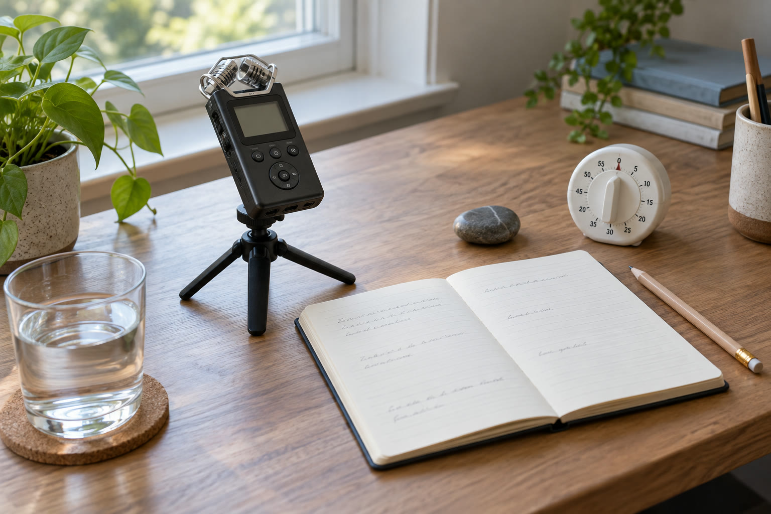 Audio recorder, spaced notebook script, timer, water, pencil, and tactile stone on a daylight desk