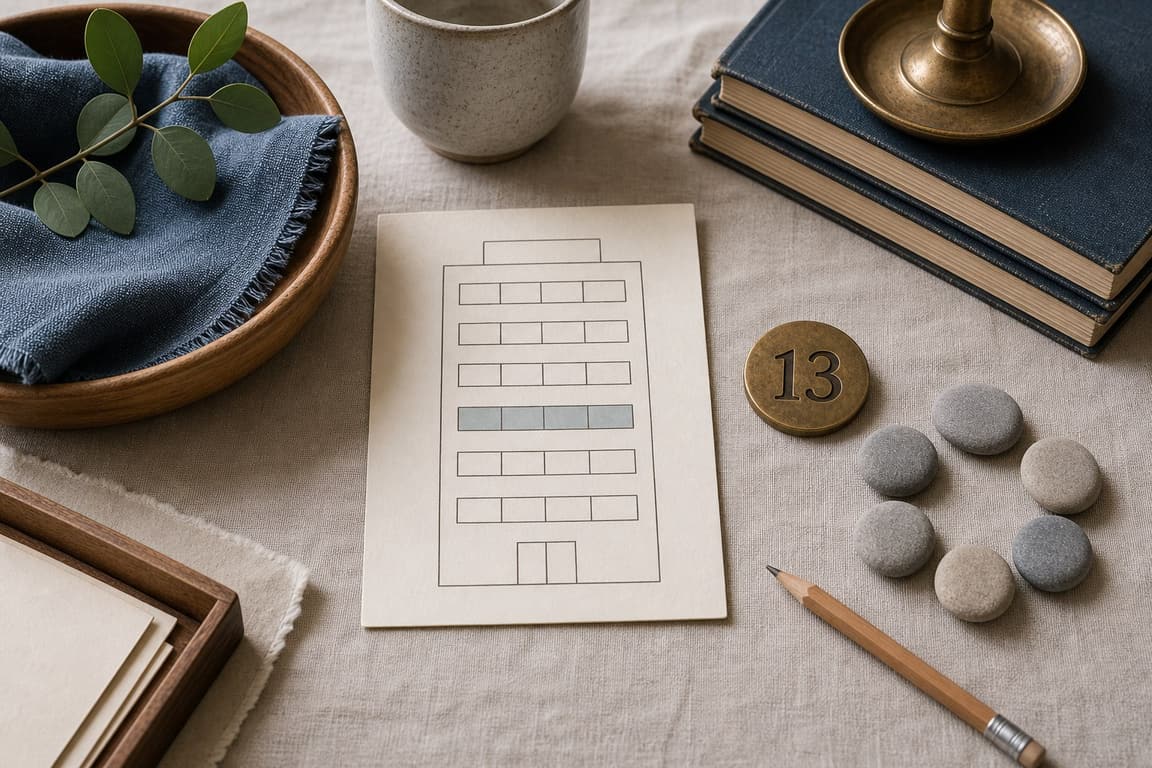 Neutral stones and a blank floor card beside a brass marker numbered 13