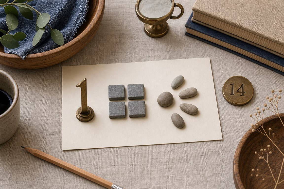One brass marker, four square stones, and five pebbles beside a brass marker numbered 14