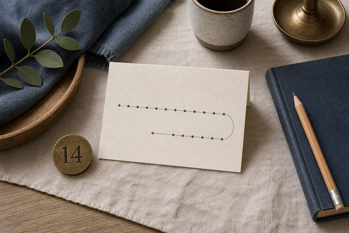 Blank route card with a measured turn beside a brass marker numbered 14