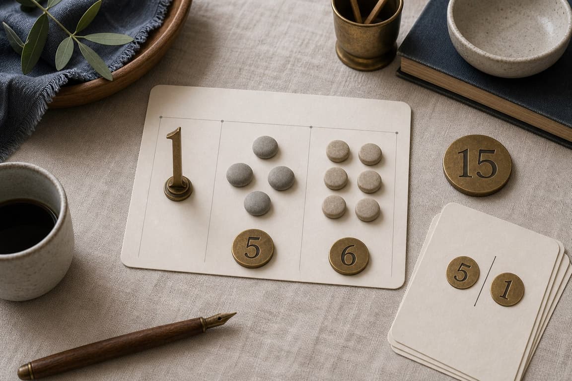 Grouped tokens and a brass marker numbered 15 on a blank profile card