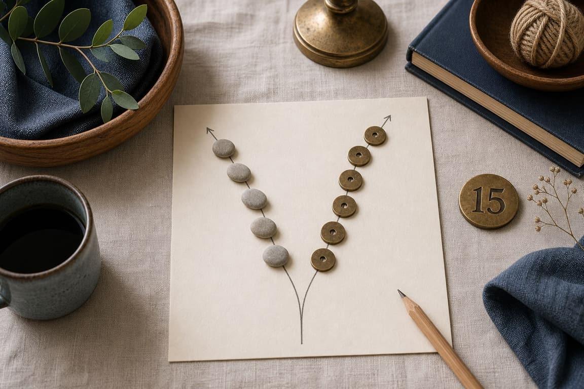 Forked blank decision card with grouped tokens and a brass marker numbered 15