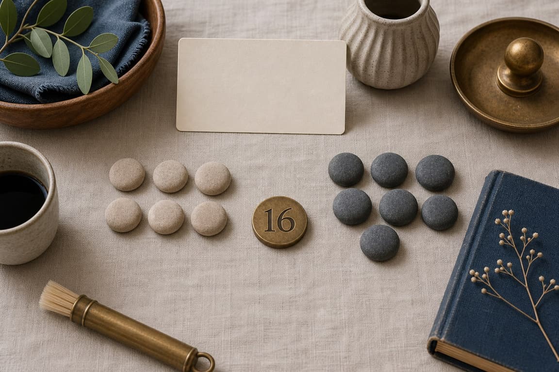 Six pale tokens and seven dark stones beside a brass marker numbered 16