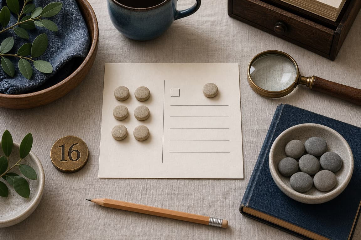 Blank responsibility card with a hand lens and a brass marker numbered 16