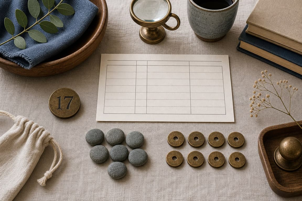 Reflection stones and brass tokens beside a brass marker numbered 17
