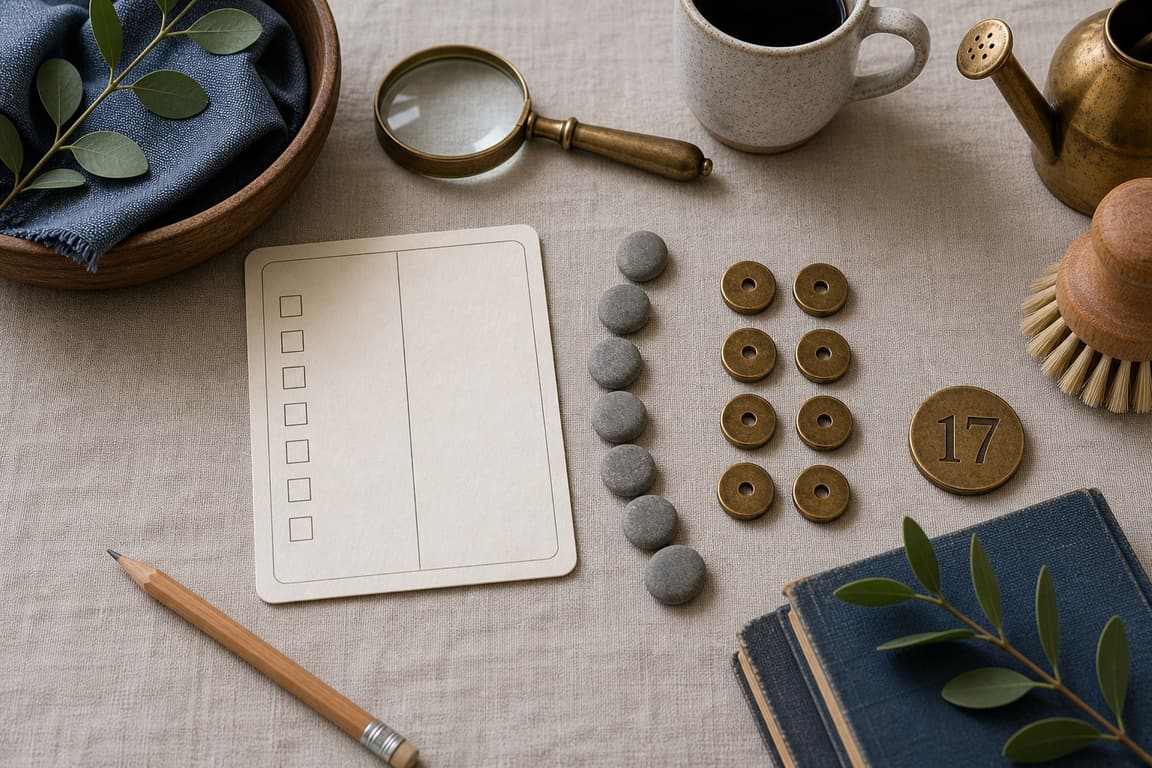 Blank insight card, reflection stones, and brass tokens beside a marker numbered 17