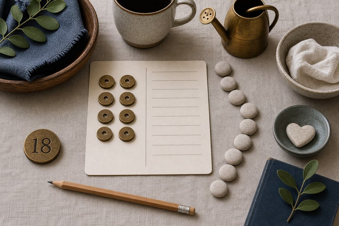 Blank ledger card with brass tokens and pale stones beside a marker numbered 18