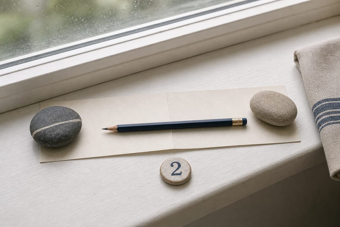 Two stones balanced across a folded paper strip with a token marked 2