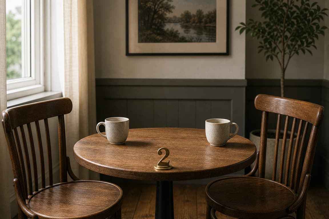 Two empty chairs and two cups at a small table marked 2
