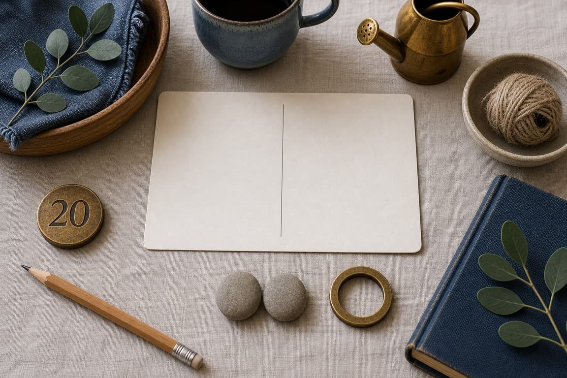 Two paired stones, an open ring, and a blank decision card beside a marker numbered 20