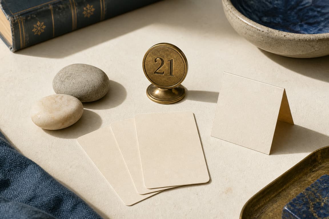 Two stones, blank profile cards, and a brass marker numbered 21