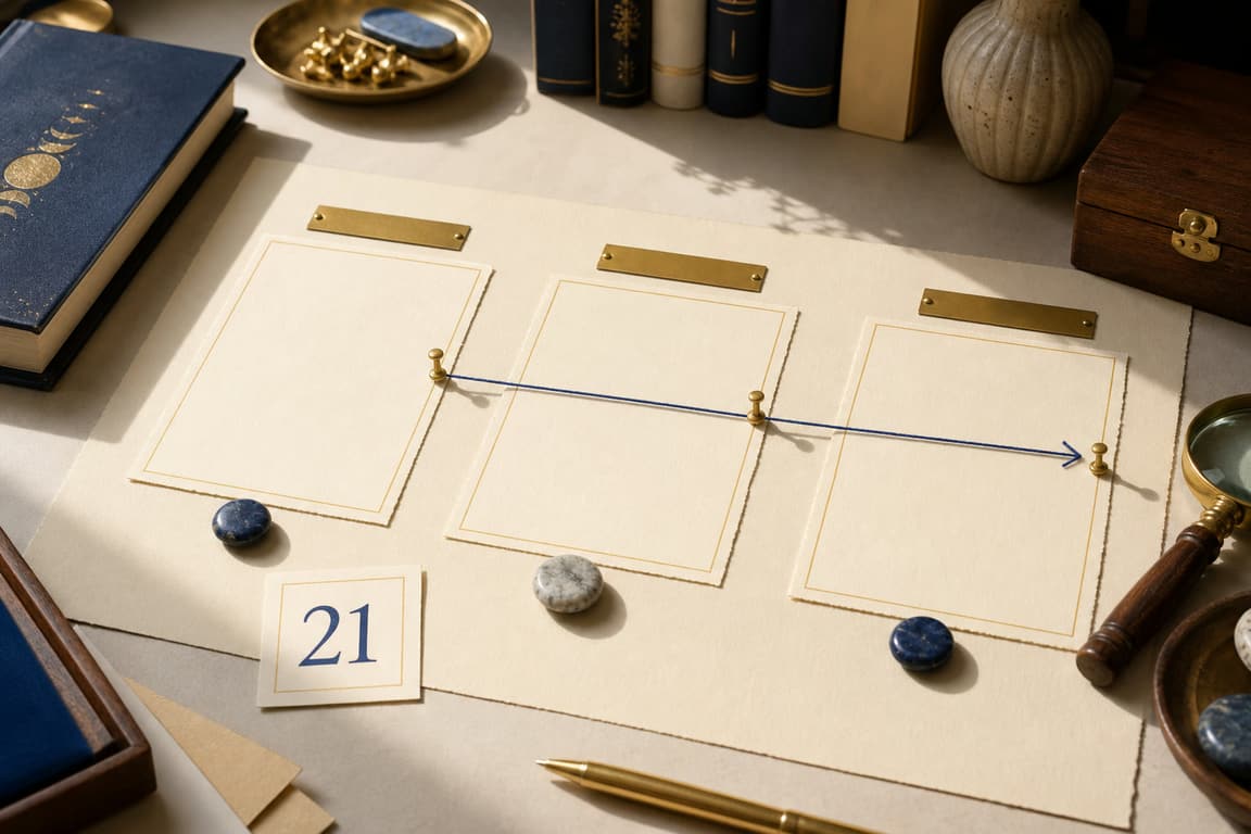 Blank context cards and a brass marker numbered 21