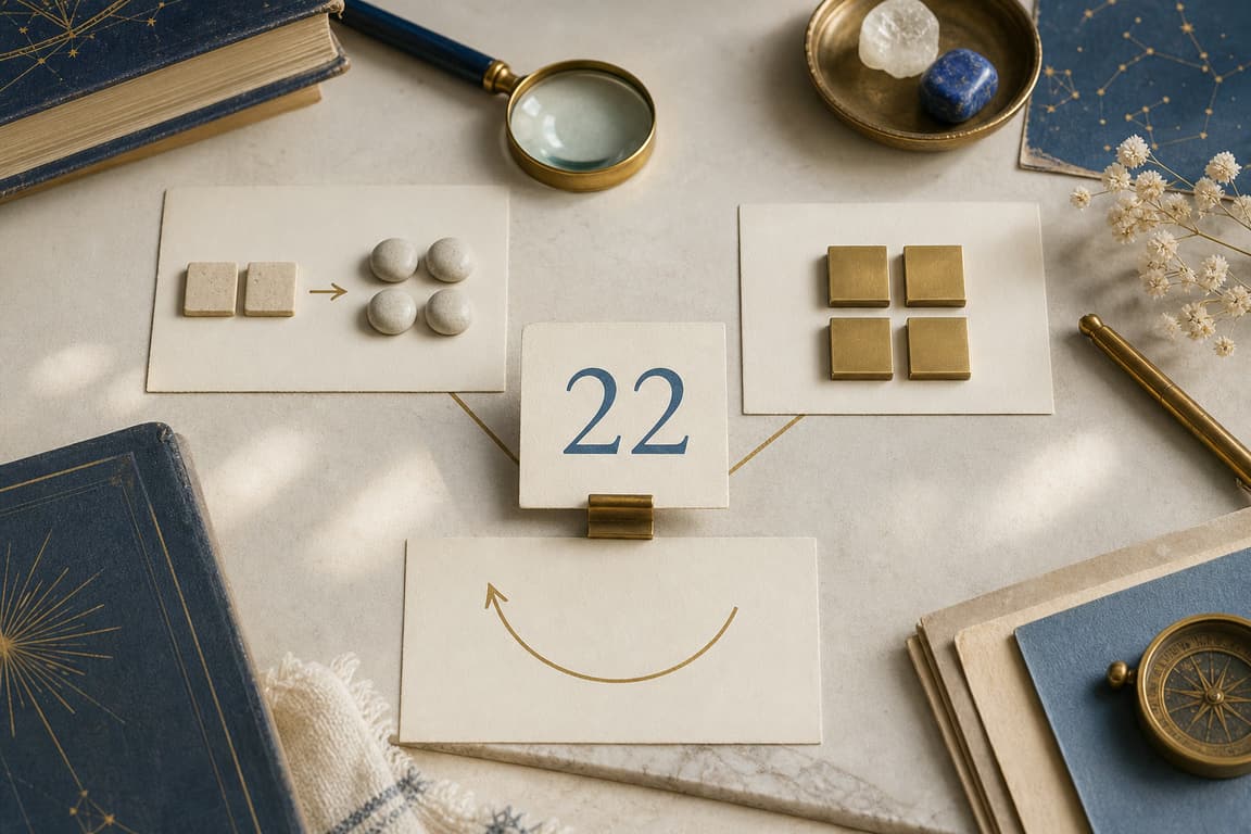 Paired stones, blank profile cards, and a brass marker numbered 22