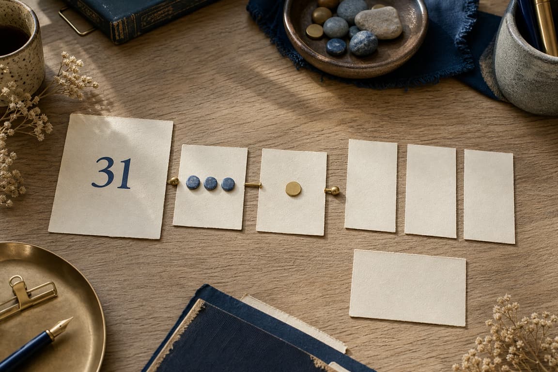 Blank paired cards and a brass marker numbered 22