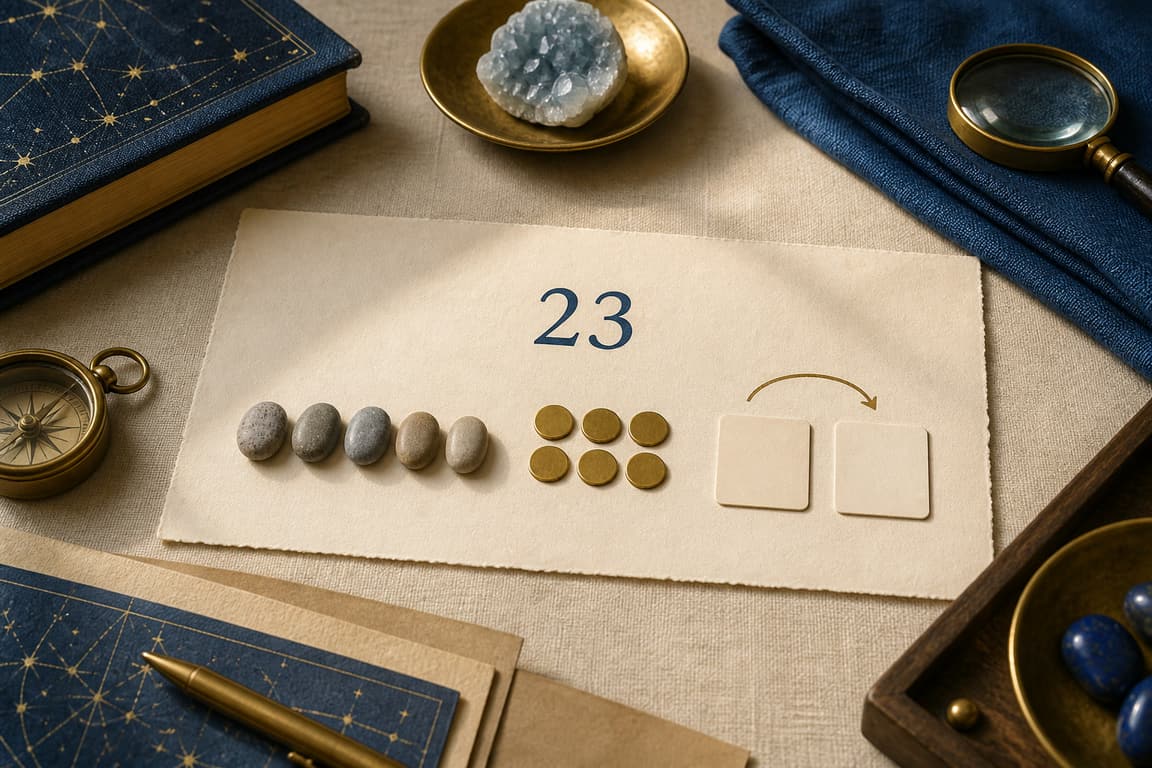 Blank profile cards, tactile stones, and a brass marker numbered 23